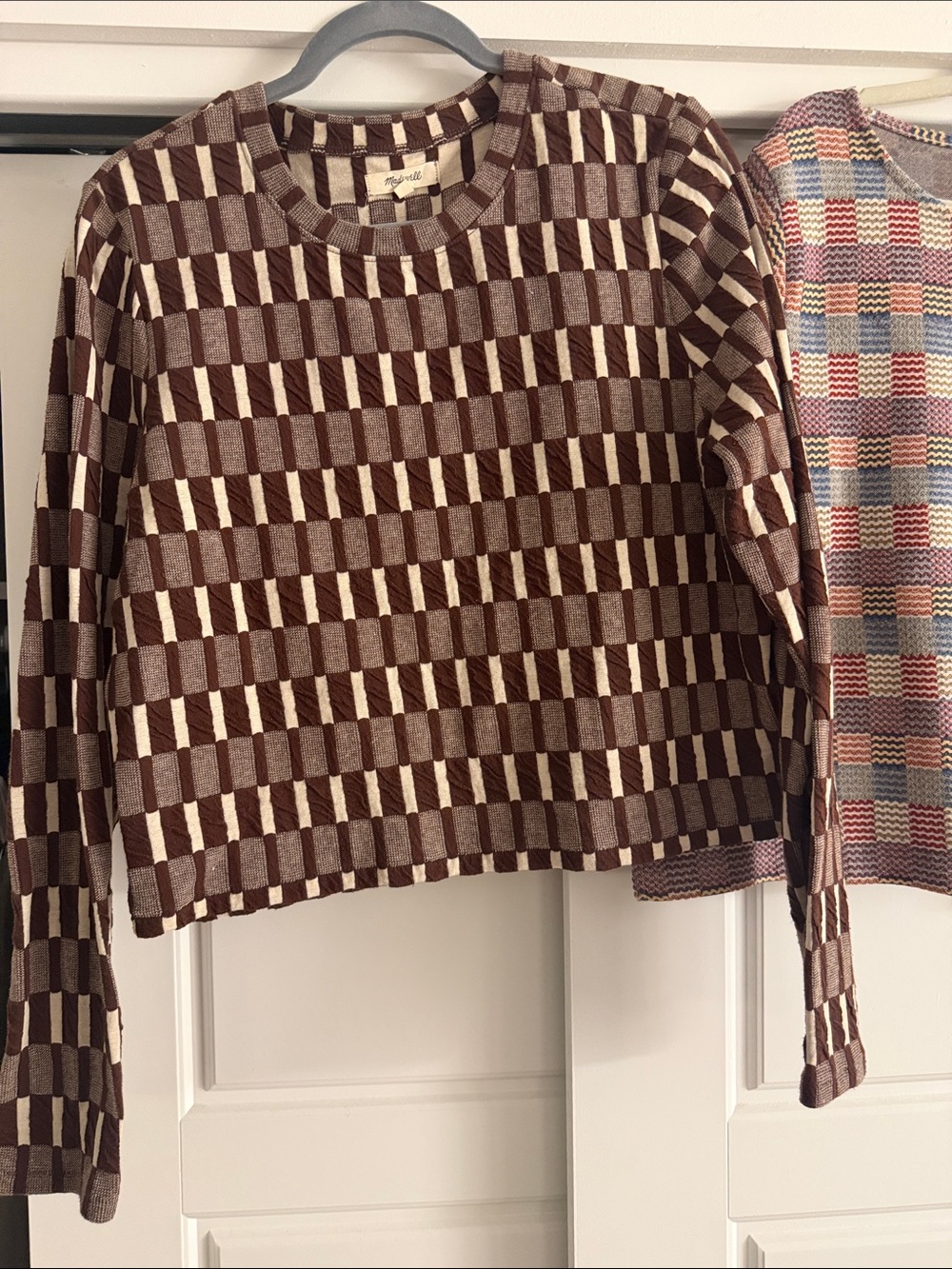 Madewell Brown and Cream Checked Crewneck Sweater